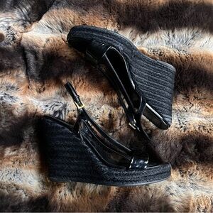 Prada patent leather braided jute wedges